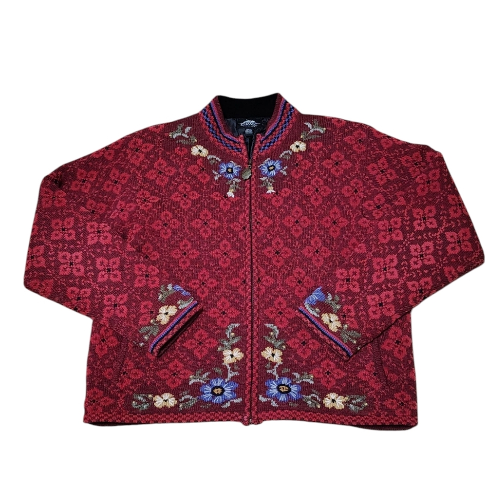 Vintage Islandic Design Wool Floral Cottagecore Cardigan Sweater Knit Jacket